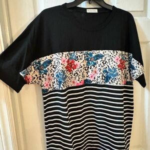 Floral and Striped Black Top - Southern stitch